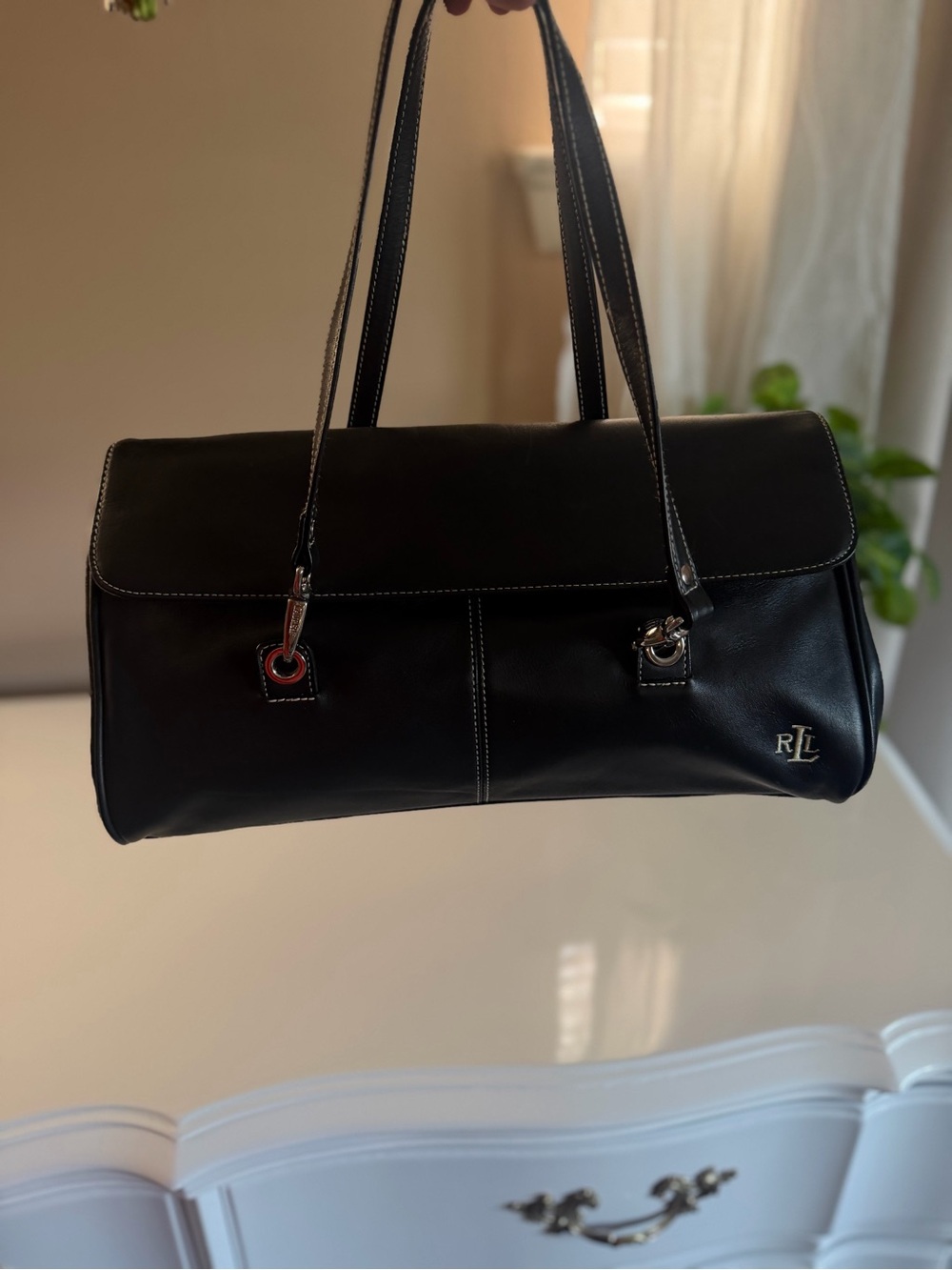 Ralph Lauren Black Leather Shoulder Tote with RL Monogram